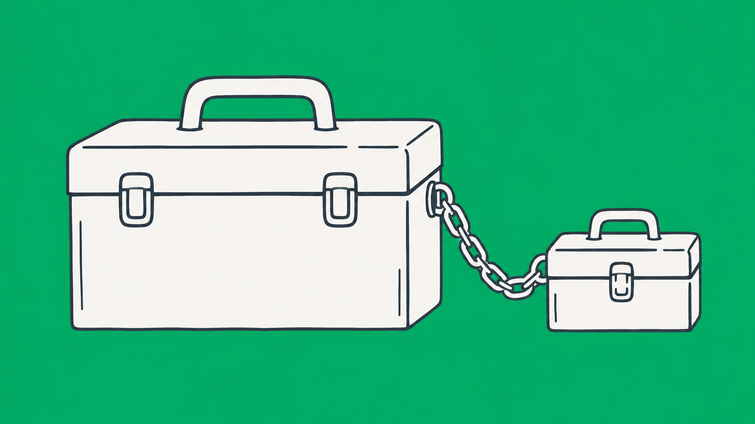 Flat illustration of two connected toolboxes and a project folder representing the subcontractor relationship.