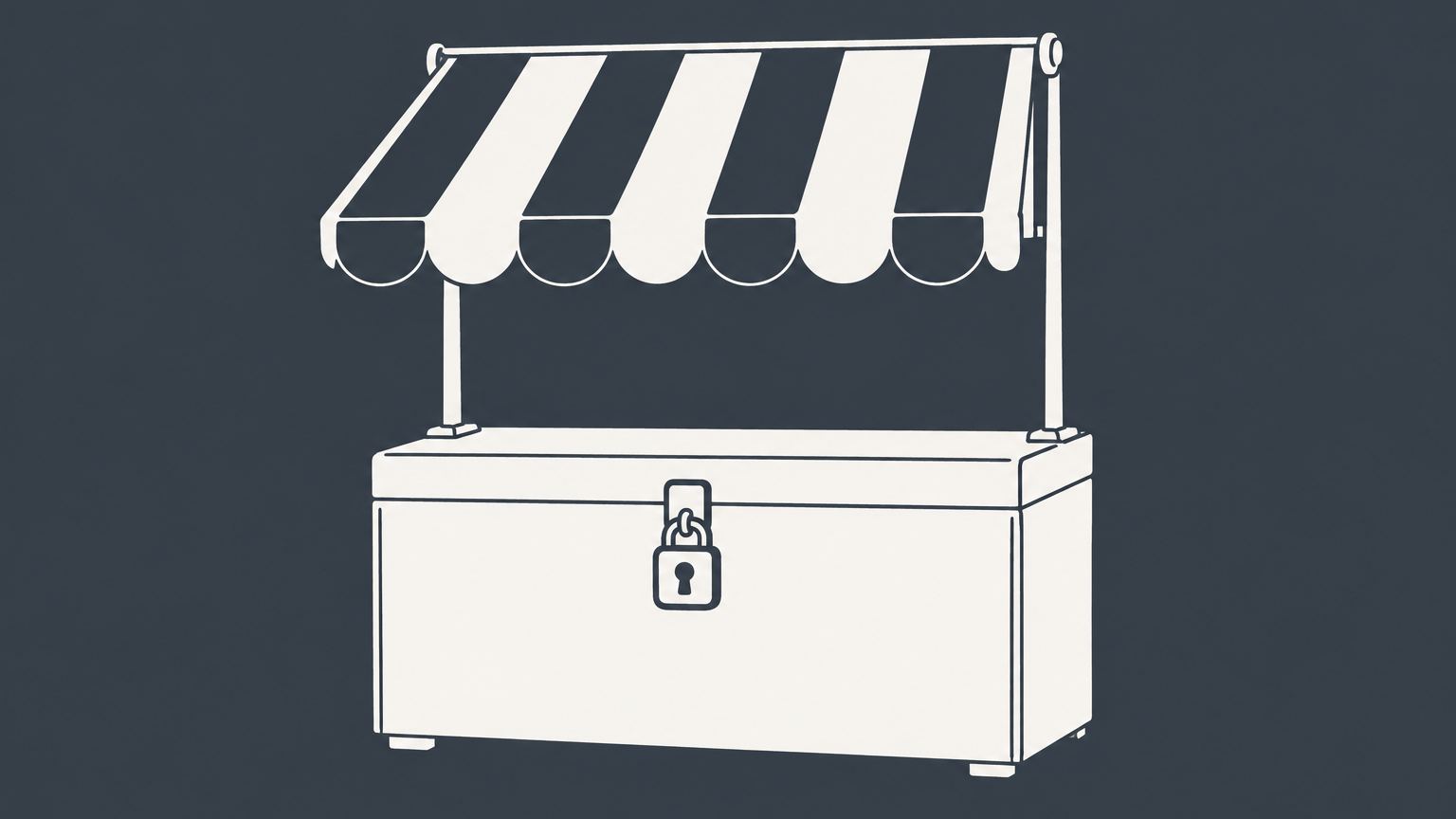 Flat illustration of a removable storefront awning attached to a lockable business box representing the DBA vs LLC distinction.