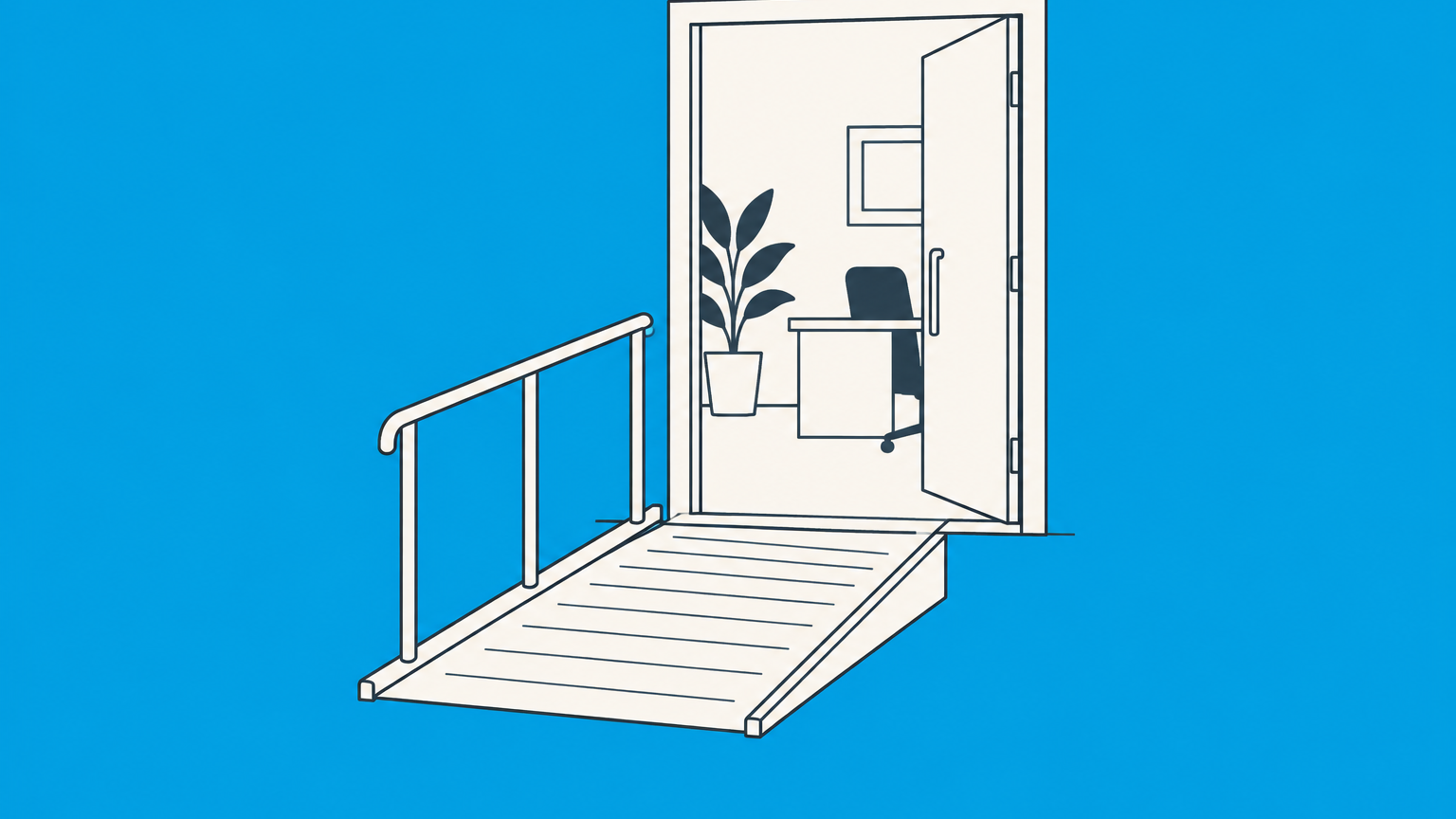 Flat illustration of modular ramp options at an office doorway representing undue hardship in ADA workplace accommodations.