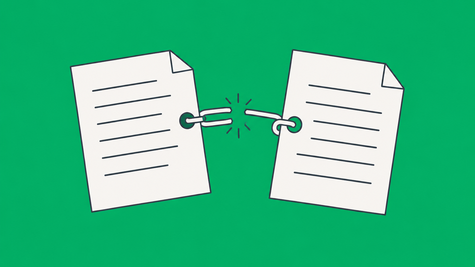Flat illustration of two documents connected by a broken clasp and a repair tool, representing breach of a settlement agreement and enforcement.