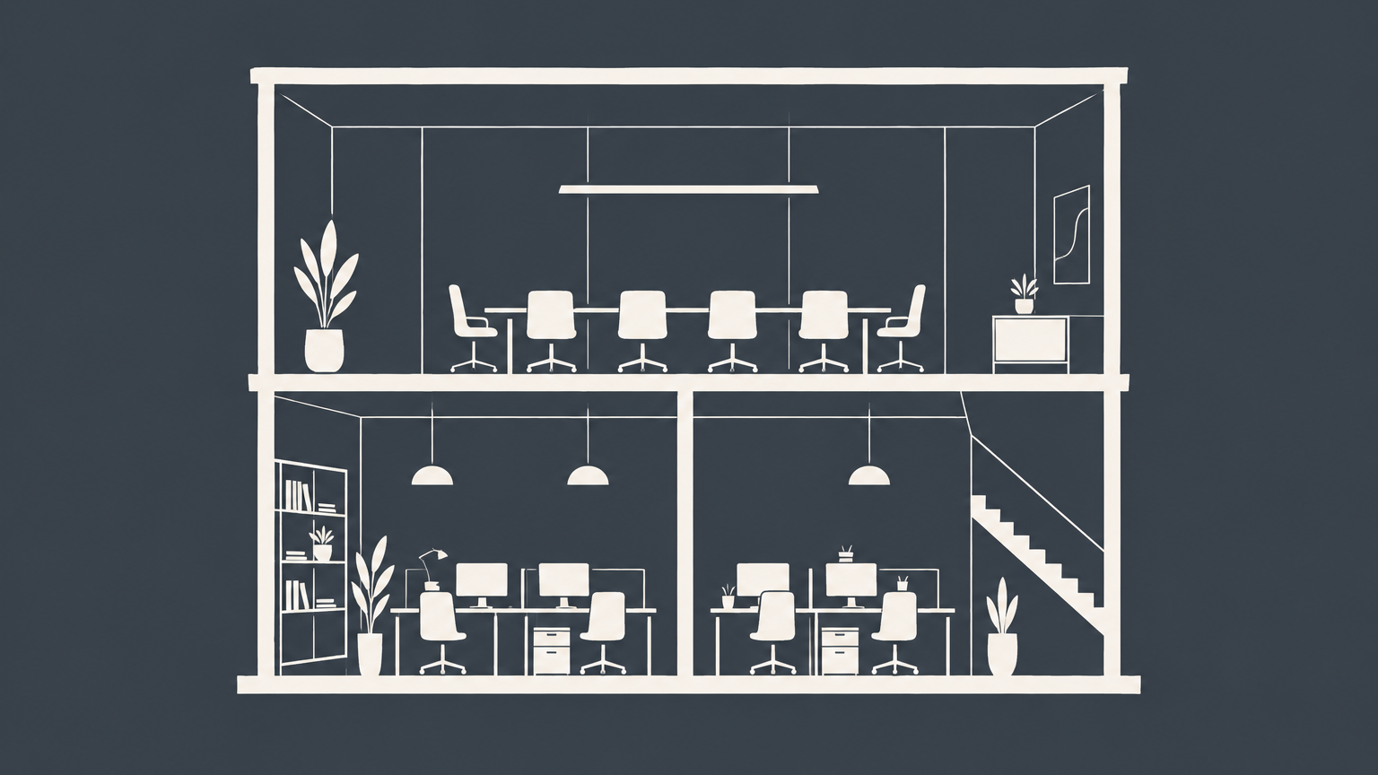 Flat illustration of a cutaway office building with connected leadership and department spaces representing corporate jobs, roles, and titles.