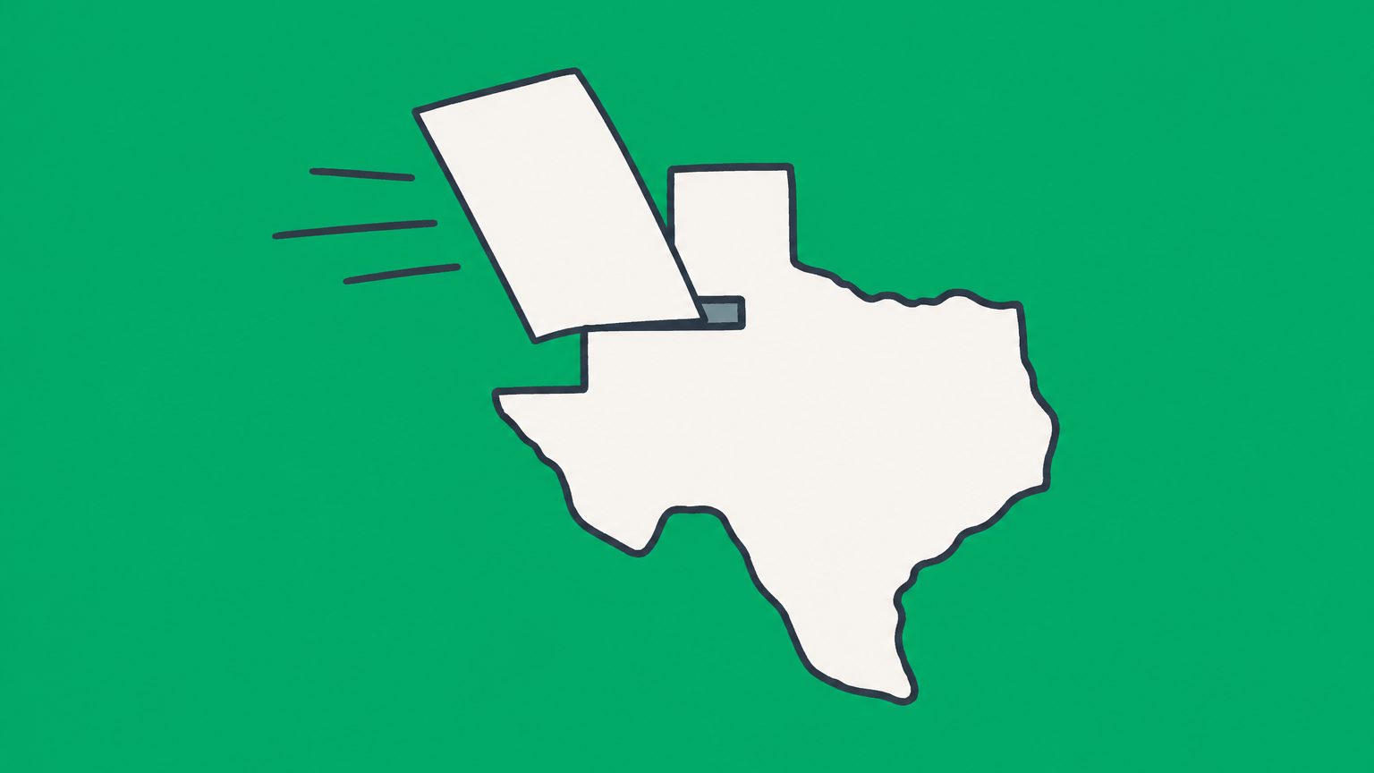 Flat illustration of a filing sheet passing through a Texas-shaped frame to form a business block, representing Texas LLC Articles of Organization.