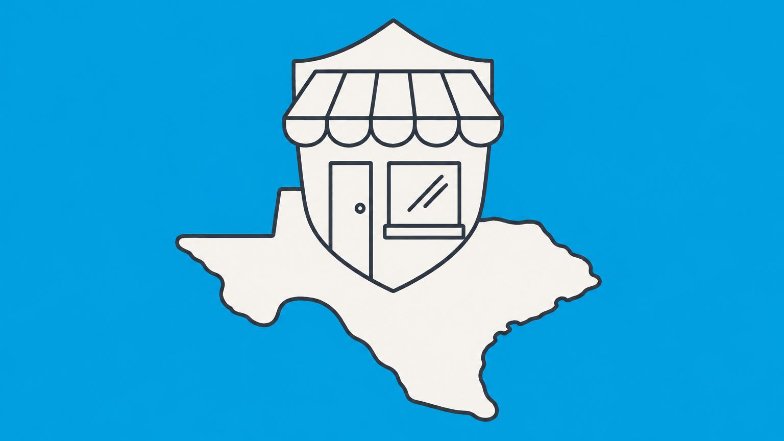 Flat illustration of a shield-shaped storefront, permit folder, and Texas-shaped platform representing how to start a security business in Texas.