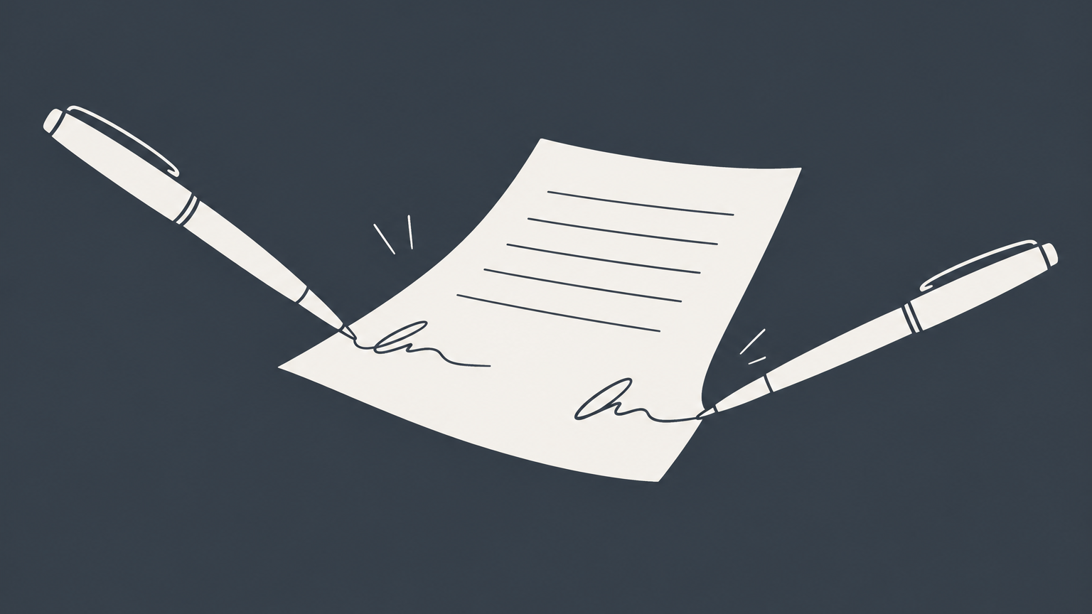 Flat illustration of a document passing between two pens and receiving a second signature to represent a countersigned contract.