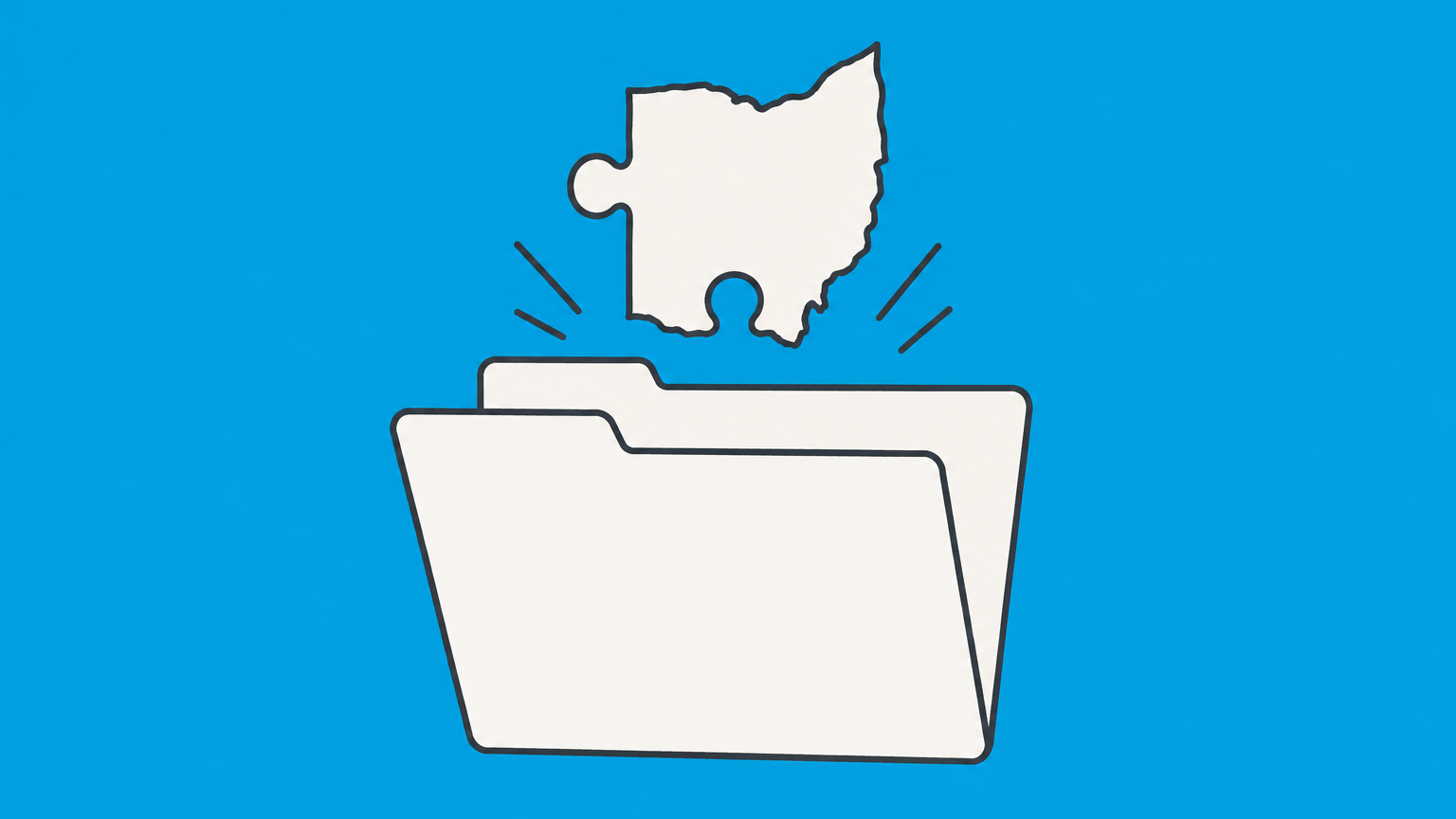 Flat illustration of an Ohio-shaped puzzle piece joining a business folder to represent forming and maintaining an Ohio LLC.