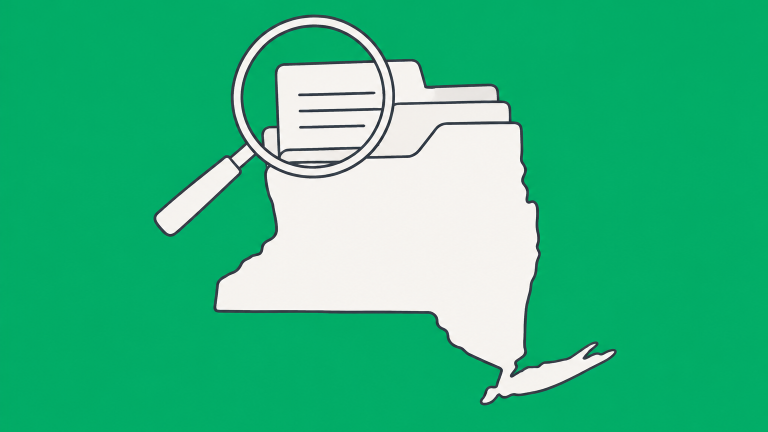 Flat illustration of a magnifying glass examining a New York-shaped filing folder for a NY LLC lookup.
