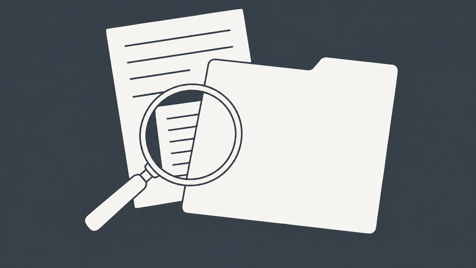Flat illustration of a magnifying glass revealing part of a document hidden beneath a folder to represent concealment meaning in law.
