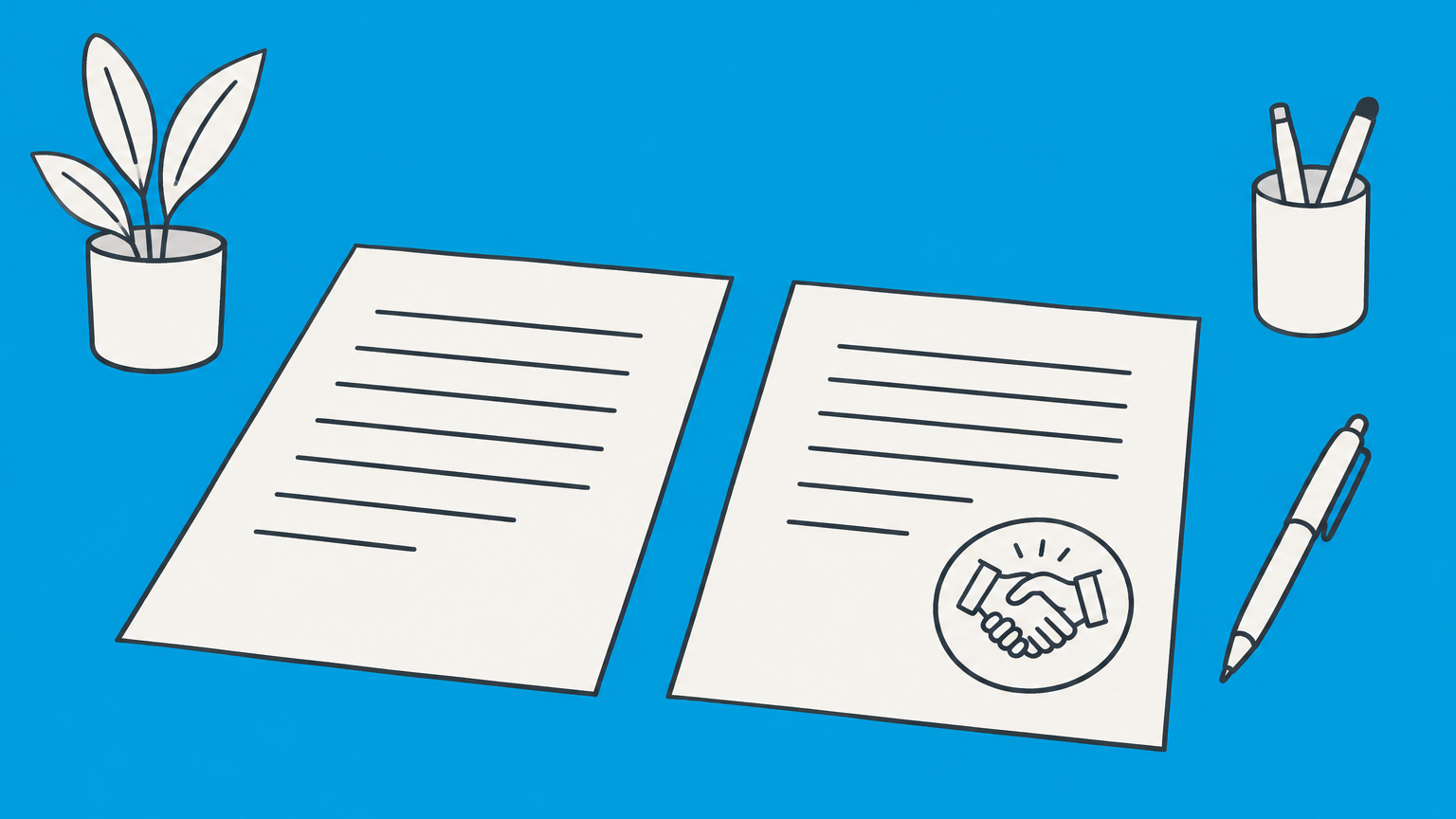 Flat illustration of two documents and a handshake-shaped bridge connecting locked briefcases to represent proposal vs contract.