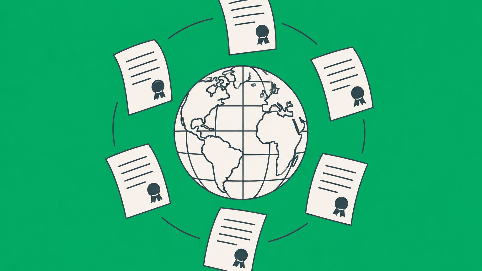 Flat illustration of a globe surrounded by patent documents and a magnifying glass representing worldwide patent counts and searches.