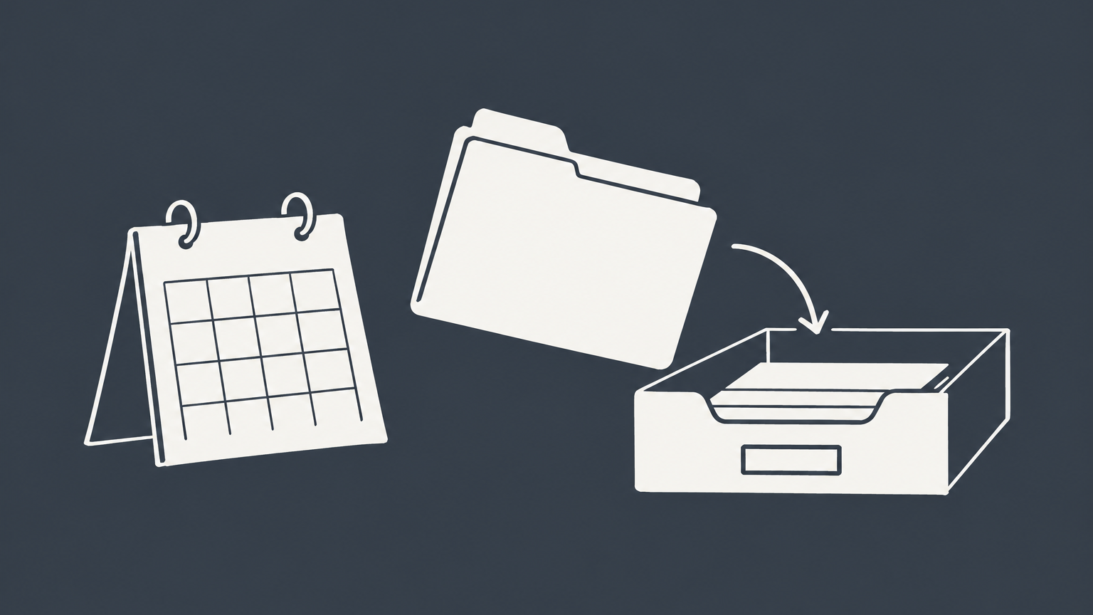 Flat illustration of a two-page calendar and business folder entering a filing tray to represent a New York biennial statement.