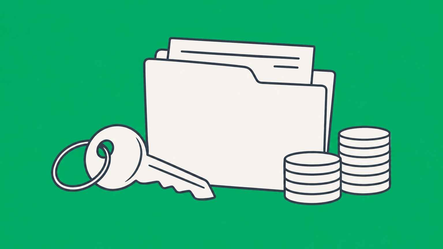 Flat illustration of a house key, closing folder, and divided coin stacks representing a New York real estate commission.