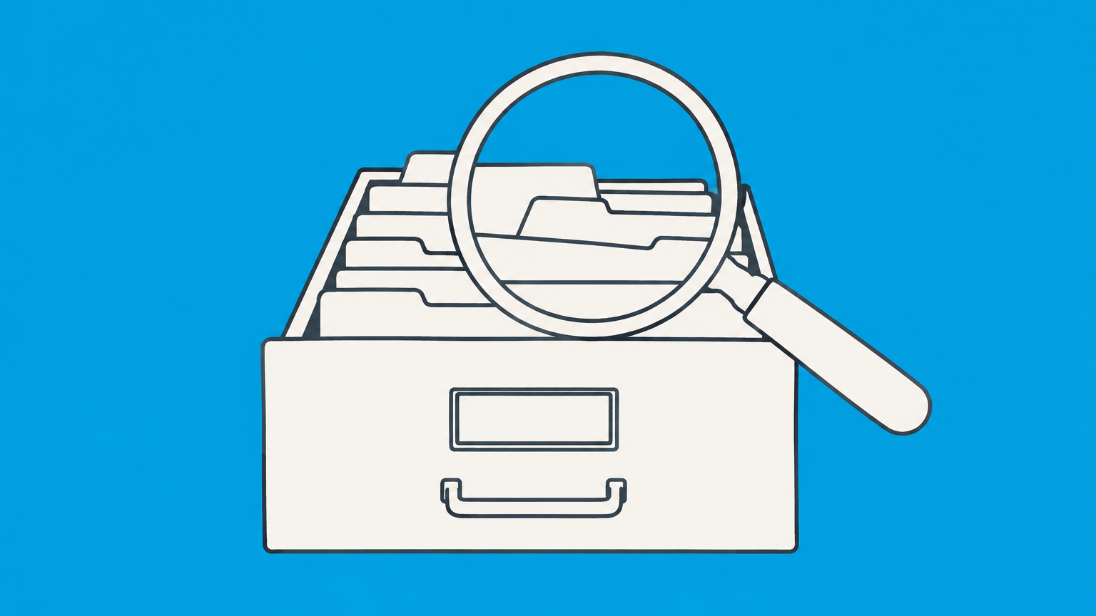 Flat illustration of a magnifying glass examining public records with visible and concealed cards to represent whether an LLC owner is public record.