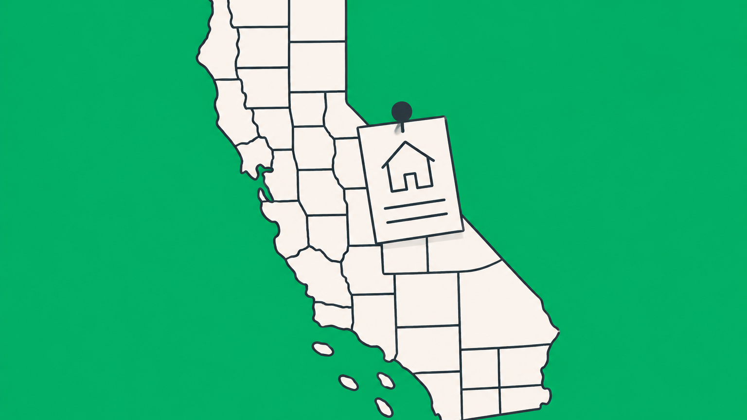 Flat illustration of a California map with a storefront, municipal boundaries, and permit cards representing business tax certificate requirements.