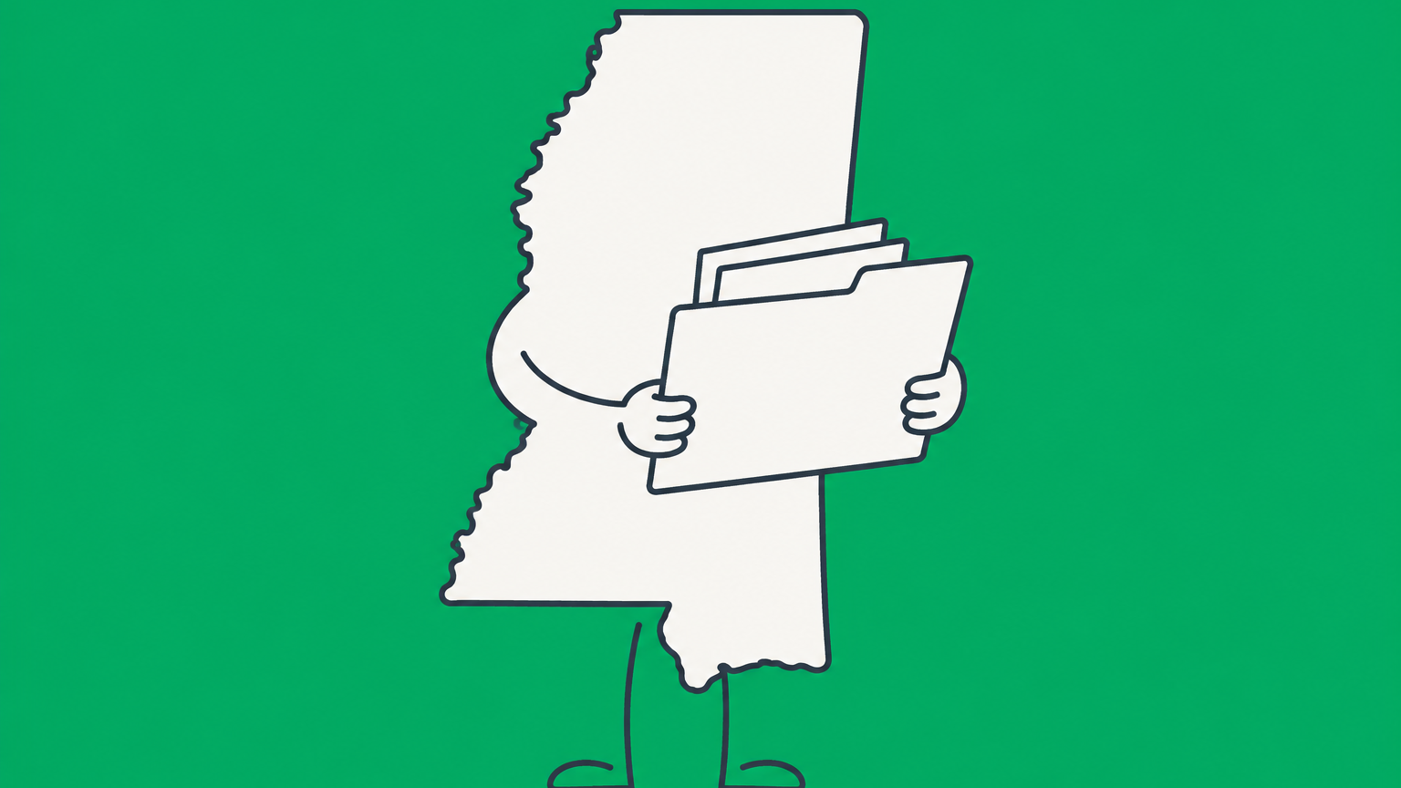 Flat illustration of a document moving through a laptop into a Mississippi-shaped filing folder, representing Mississippi LLC formation.