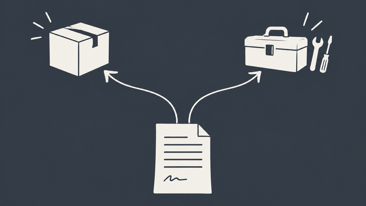 Flat illustration of a contract dividing toward a shipping box and a toolbox to represent UCC vs. common law contracts.