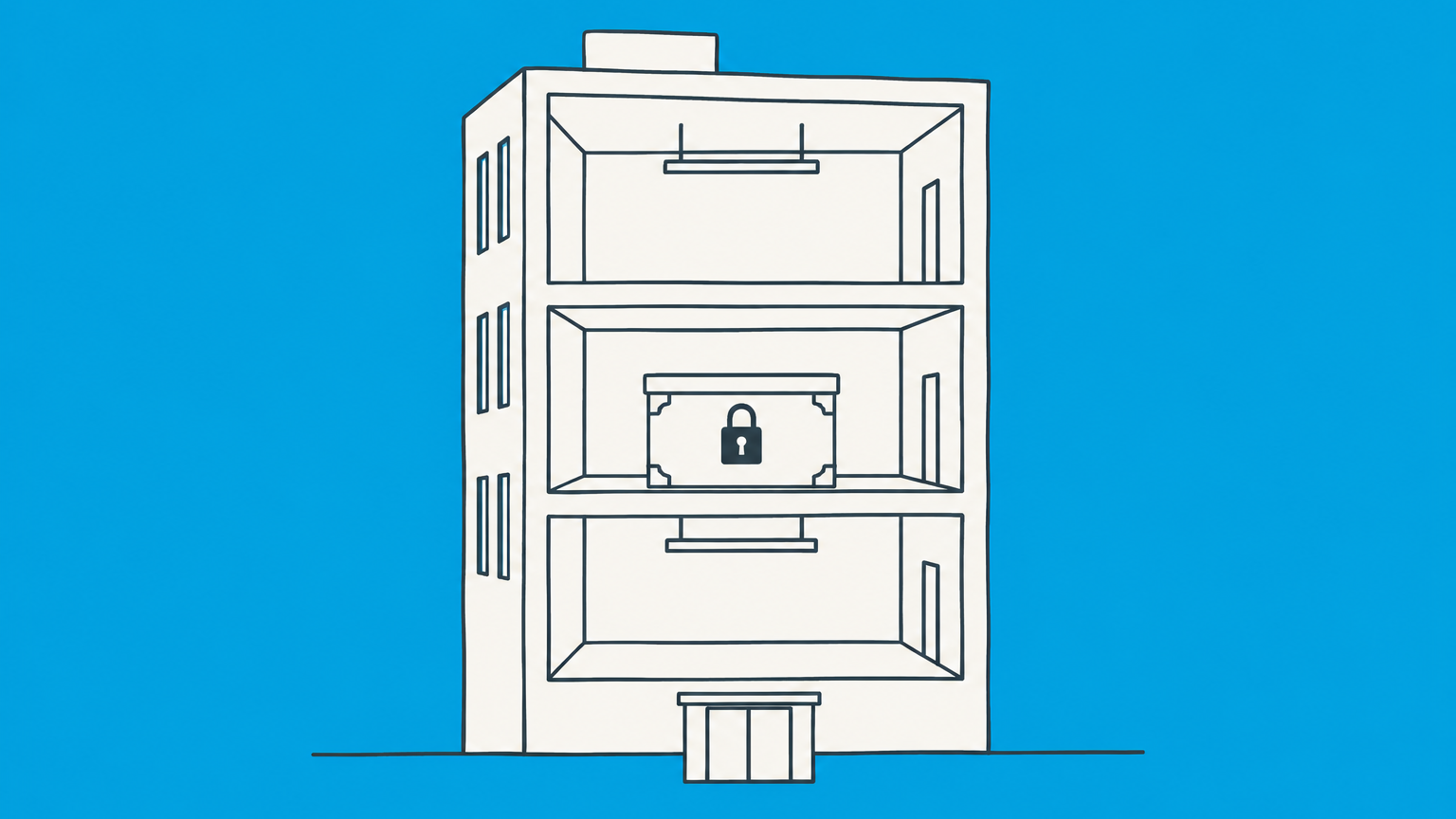 Flat illustration of a hollow office building holding an asset box beside an active storefront, representing a shell company.