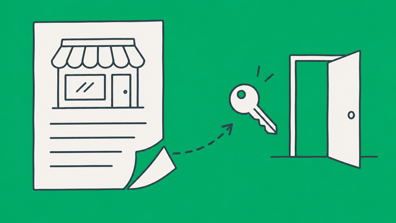 Flat illustration of a storefront lease with a detachable corner, an open door, and a returned key representing a commercial lease early termination clause.