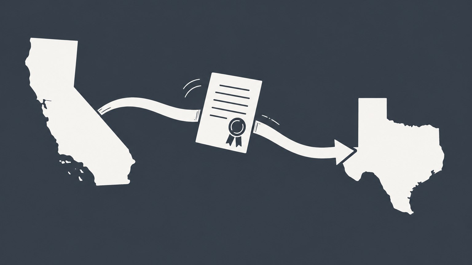 Flat illustration of two state-shaped tiles exchanging a sealed court document to represent the Full Faith and Credit Clause.