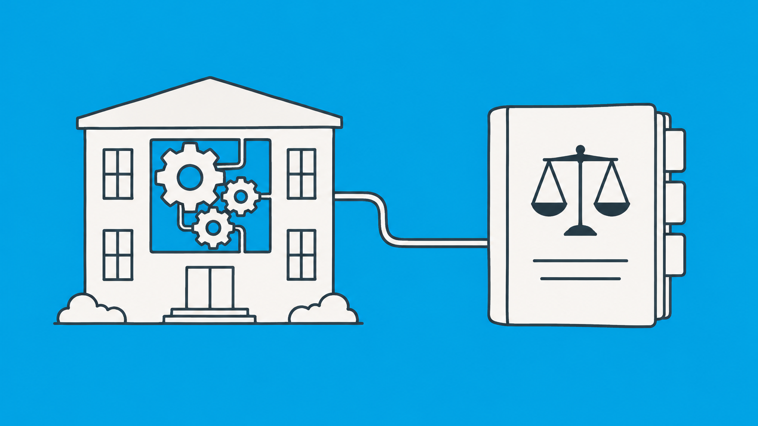 Flat illustration of a tabbed rulebook operating the internal gears of an organization to represent bylaws.