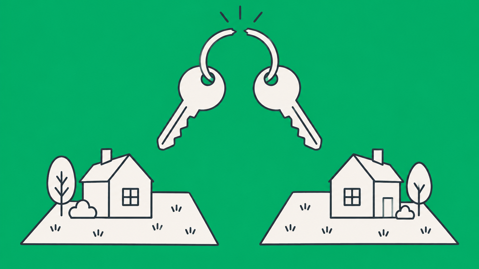Flat illustration of a house key ring splitting into separate keys and property shares to represent changing joint tenancy to tenants in common.