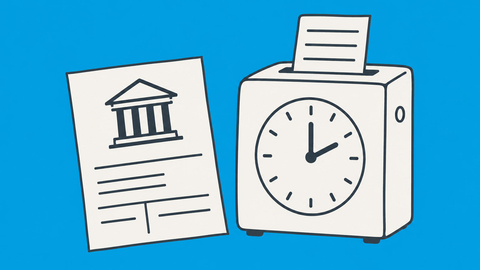 Flat illustration of a courthouse attendance slip linking a courthouse and office time clock to represent jury duty proof of attendance.