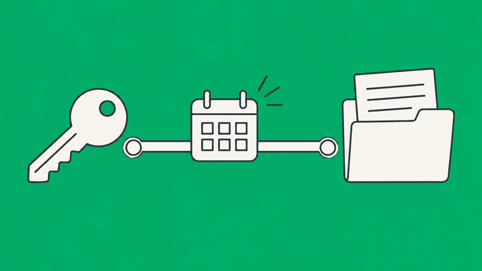 Flat illustration of a house key, contract folder, and calendar tile moving forward to represent a property closing date extension addendum.