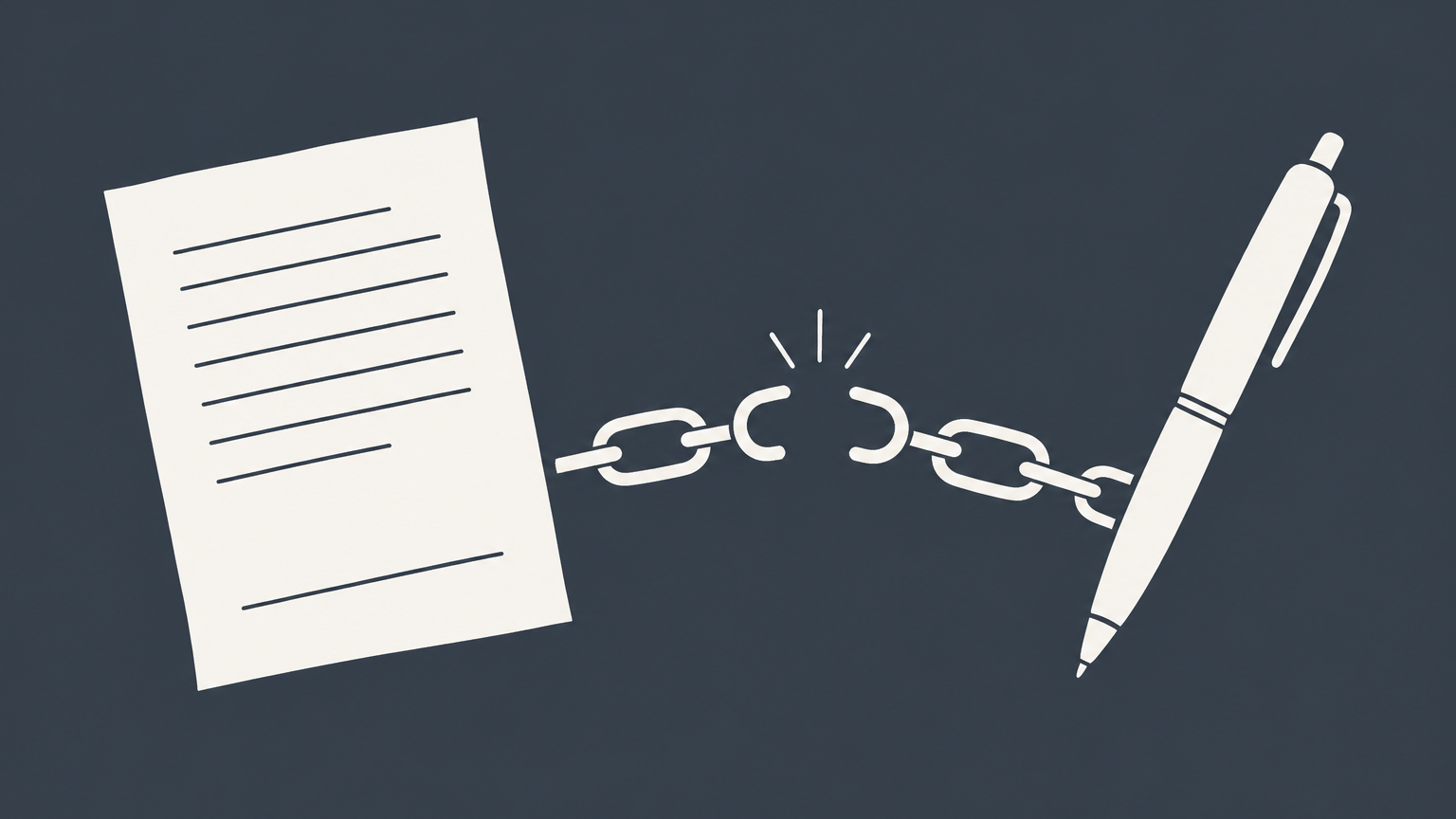 Flat illustration of an unsigned contract and pen separated by an open chain link representing lack of capacity in contract law.