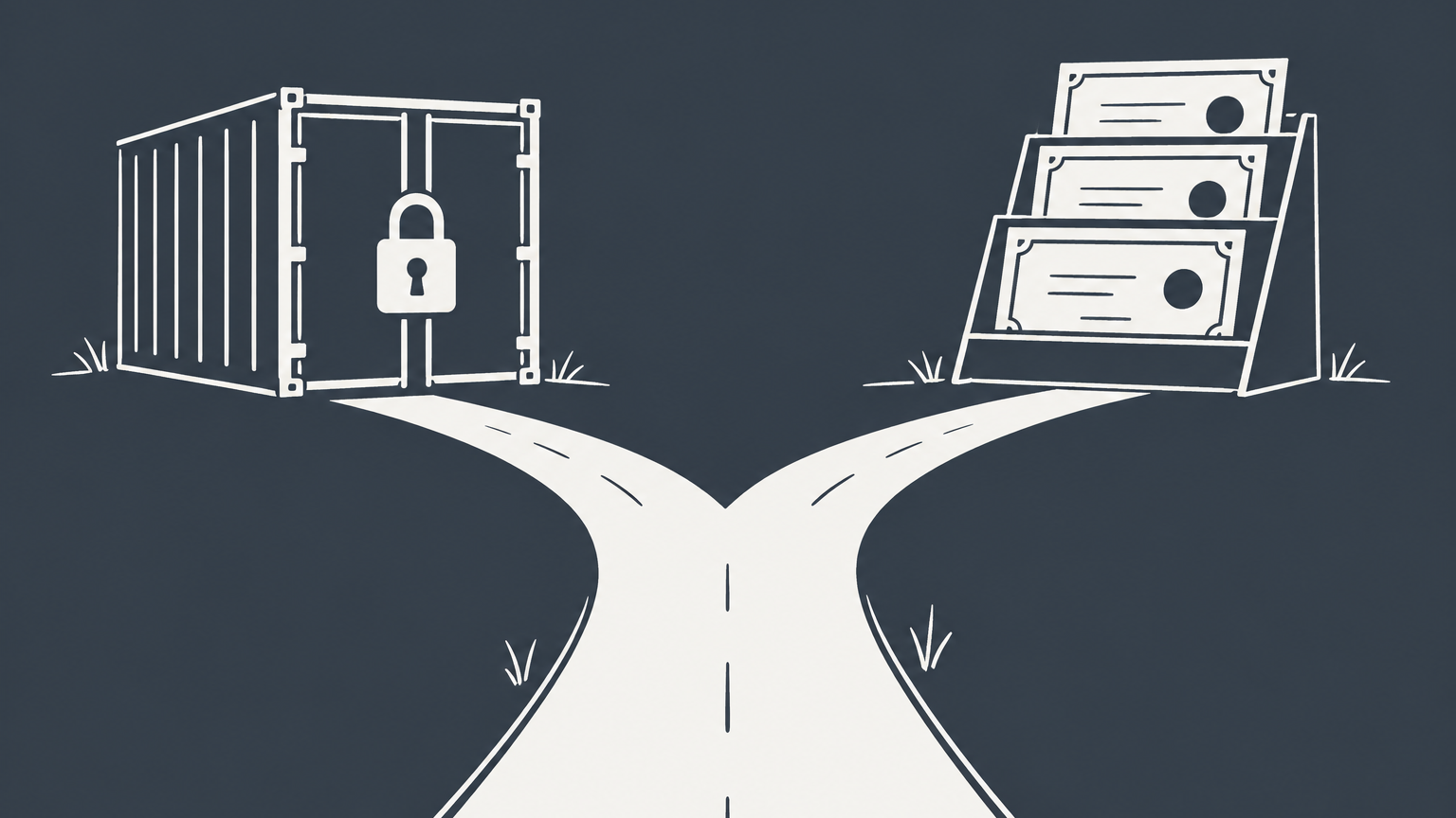 Flat illustration of a forked path between a private container and publicly displayed share certificates representing the PLC company vs LLC decision.