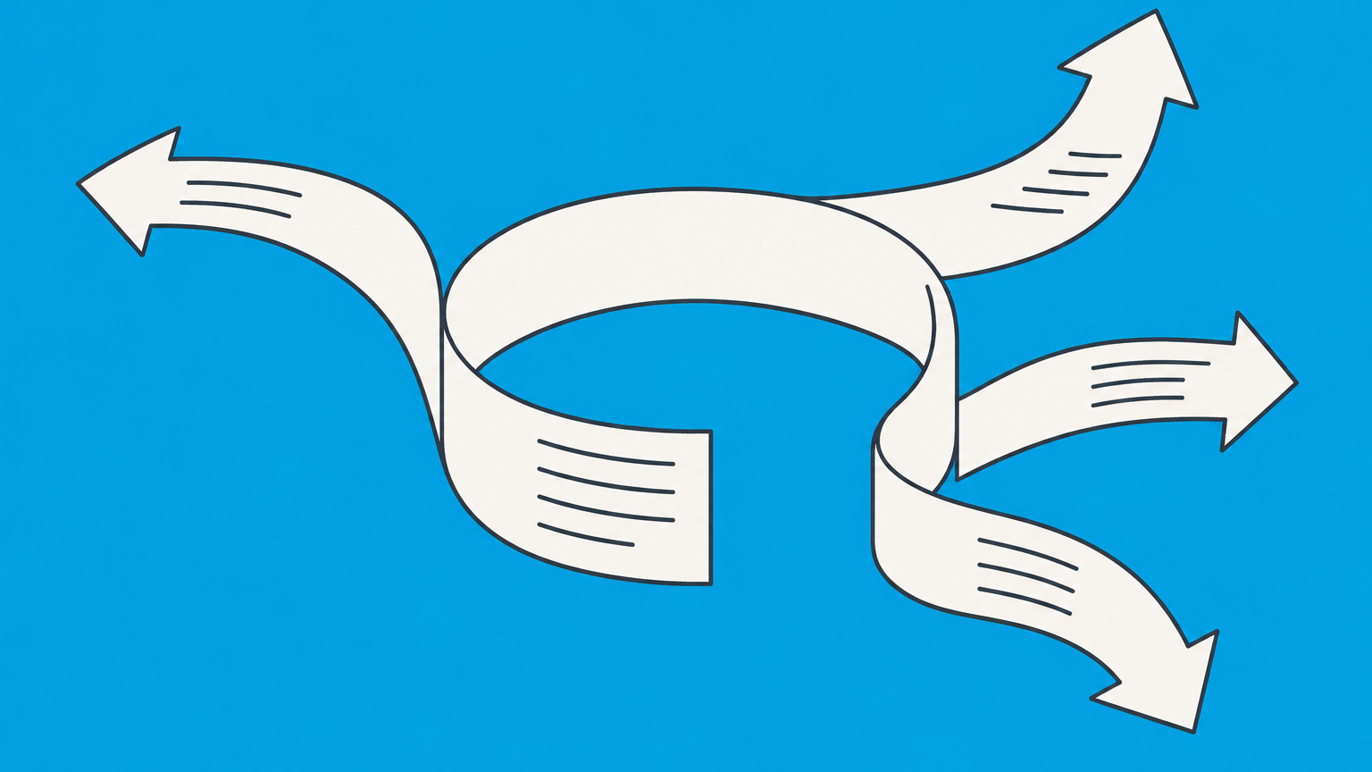 Flat illustration of a contract-shaped ribbon forming an open loop with multiple exit paths to represent open-ended contracts.