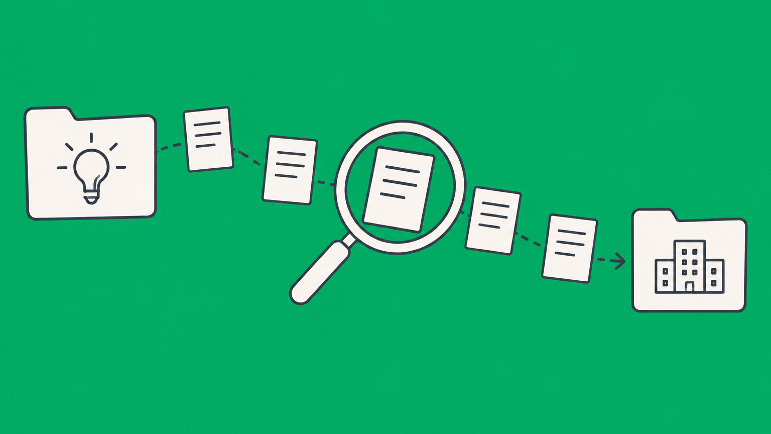 Flat illustration of a magnifying glass tracing linked document cards between folders for a patent assignment search.