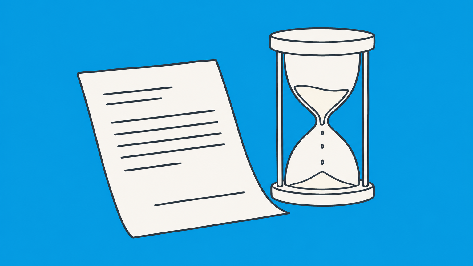 Flat illustration of an unsigned contract, an hourglass, and a completed checklist box representing deemed accepted meaning in contract law.