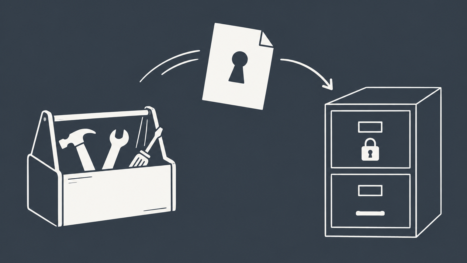 Flat illustration of a secure document moving from a contractor's toolbox to a locked filing cabinet to represent the purpose of a W-9 form.