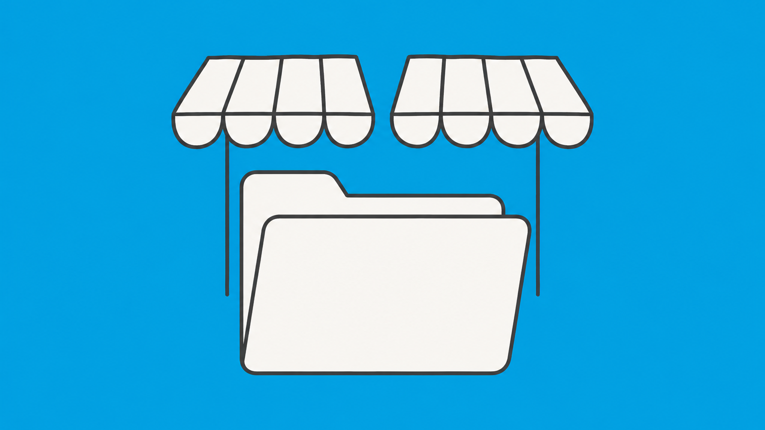 Flat illustration of one registration folder connected to two storefront awnings, representing a legal business using a fictitious name or DBA.