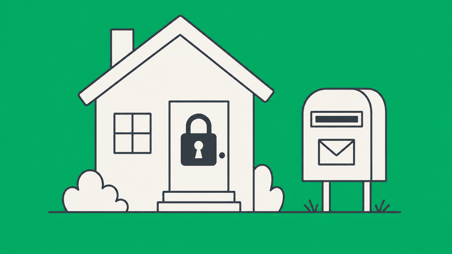 Flat illustration of a locked home and separate mail routes representing PO Box and physical address choices for an EIN.