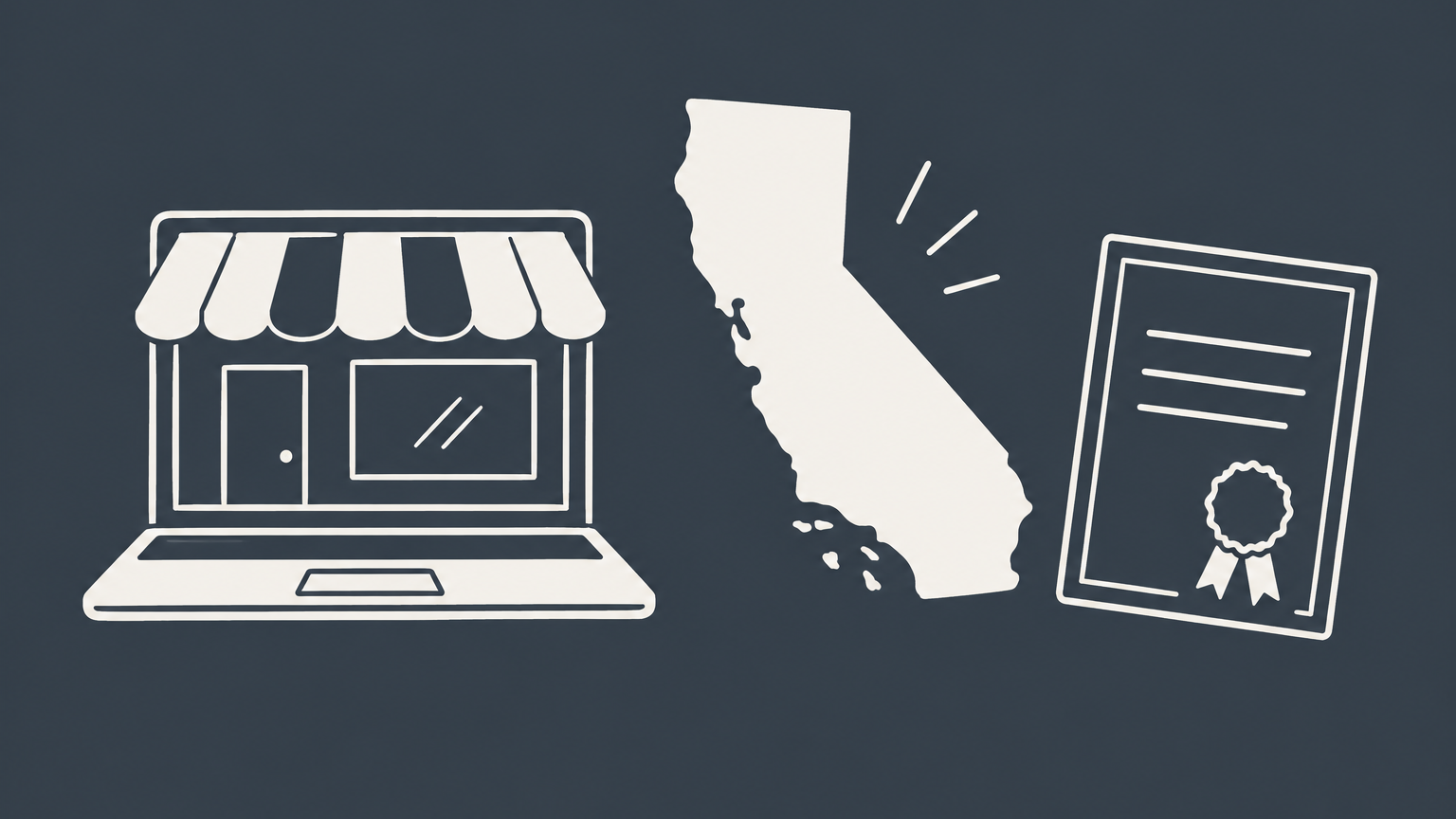 Flat illustration of a laptop storefront, California map, permit cards, home, and package representing business license requirements for selling online.