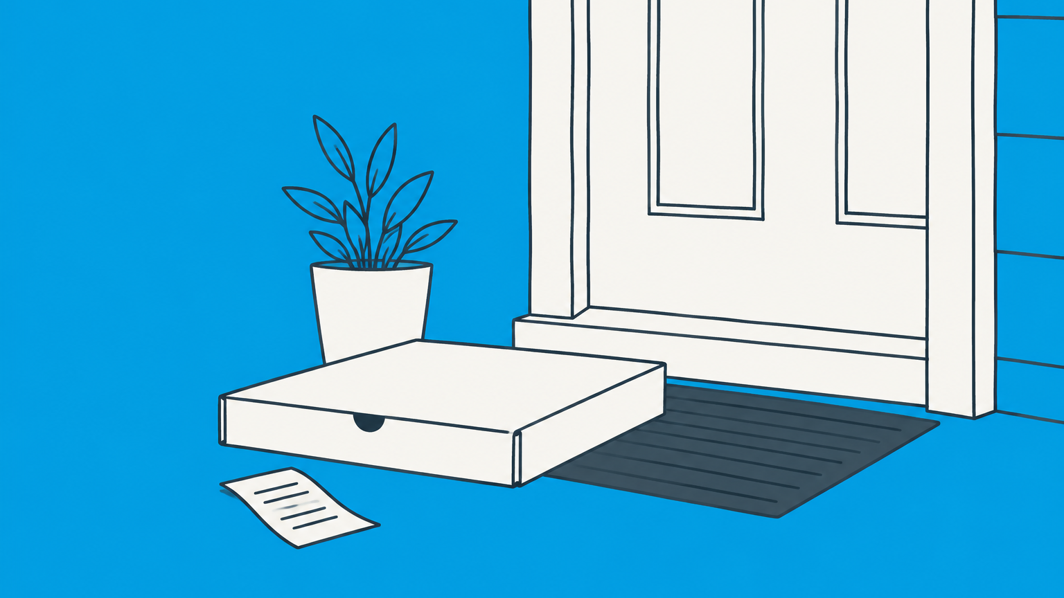 Flat illustration of a pizza delivered to the wrong doorstep with coins leading toward another house, representing a quasi contract.