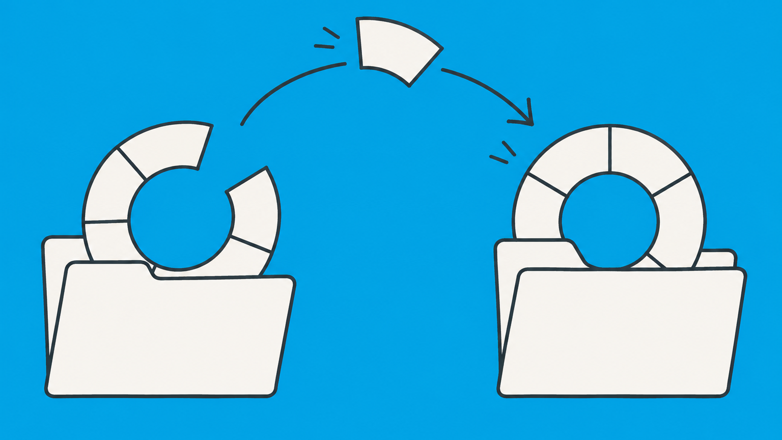 Flat illustration of a segmented ownership ring moving between document folders to represent an LLC ownership transfer.