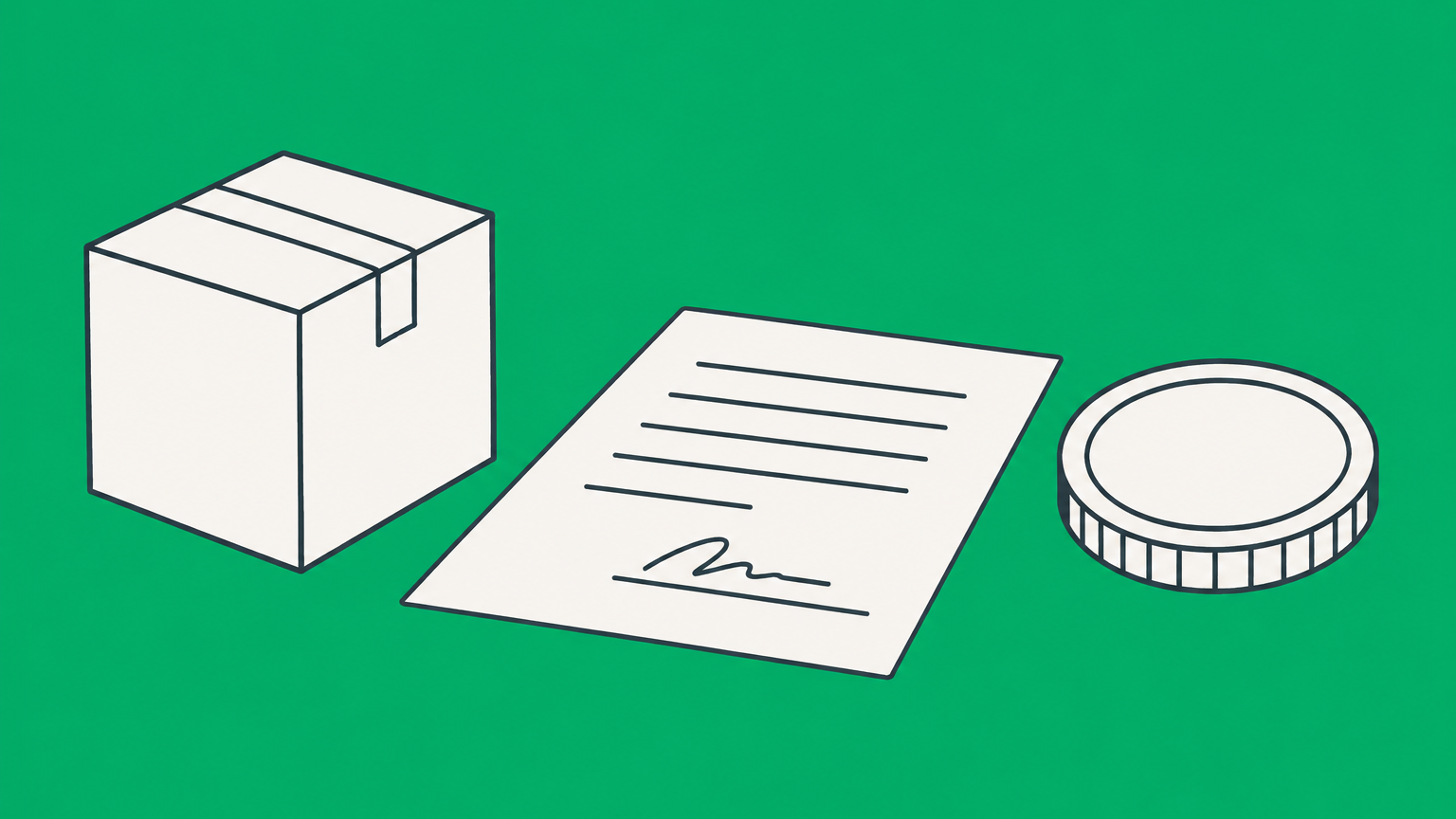 Flat illustration of a product and payment connected by a signed document representing a contract of sale.