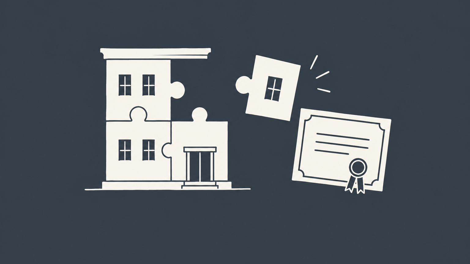 Flat illustration of a company building divided into ownership tiles to represent owning stock in a company.