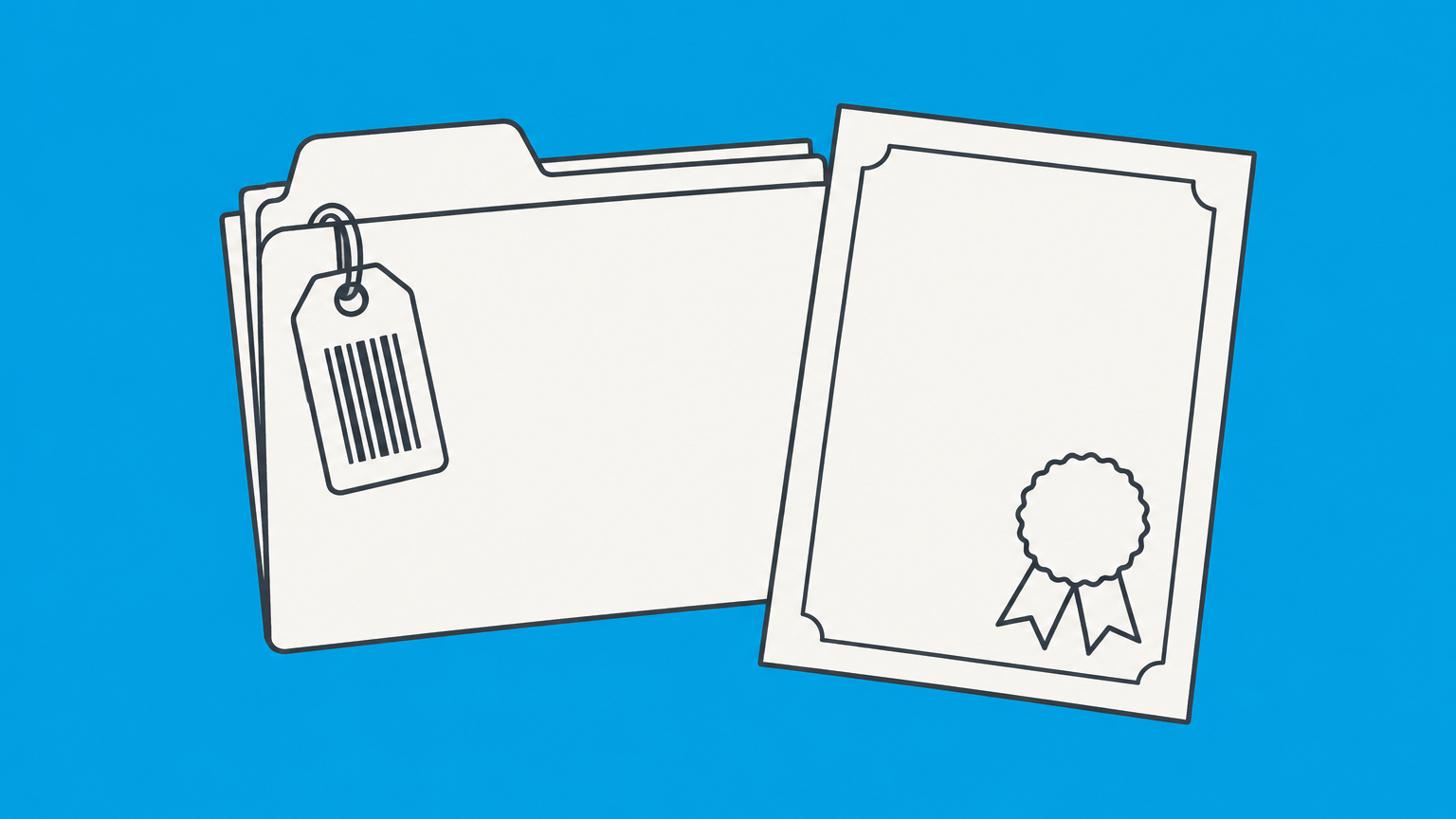 Flat illustration of a state filing folder with an identification tag beside an incorporation document, representing a corporate charter number.