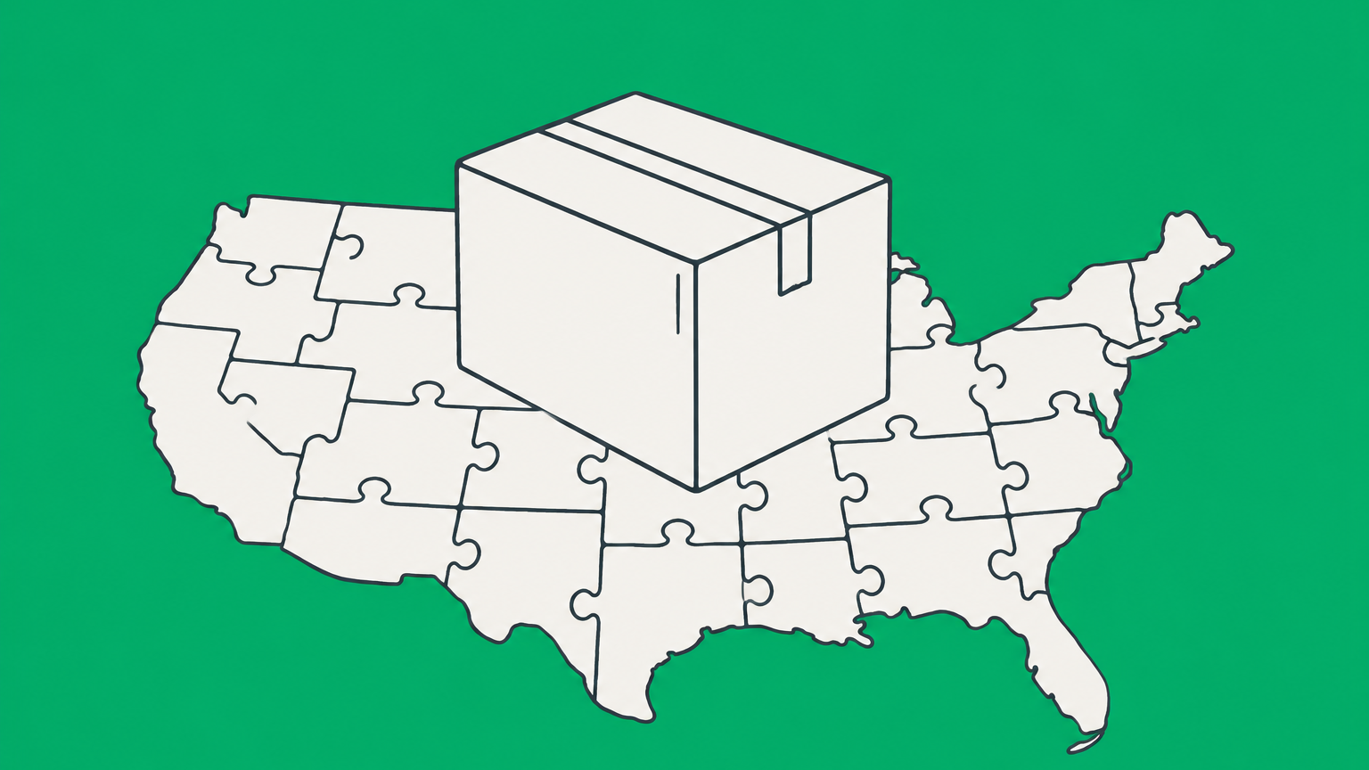 Flat illustration of a product box and shield over a multicolored United States map representing warranty laws by state.