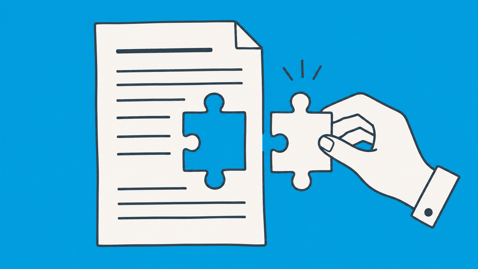 Flat illustration of a contract sheet with a replaceable puzzle piece, pen, and approval marks representing contract modification.