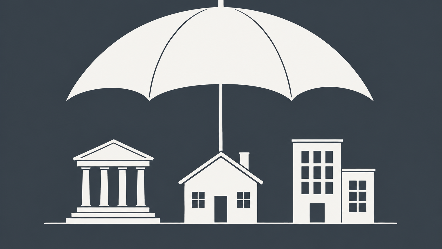 Flat illustration of a large umbrella covering separate connected business blocks to represent an umbrella company structure.