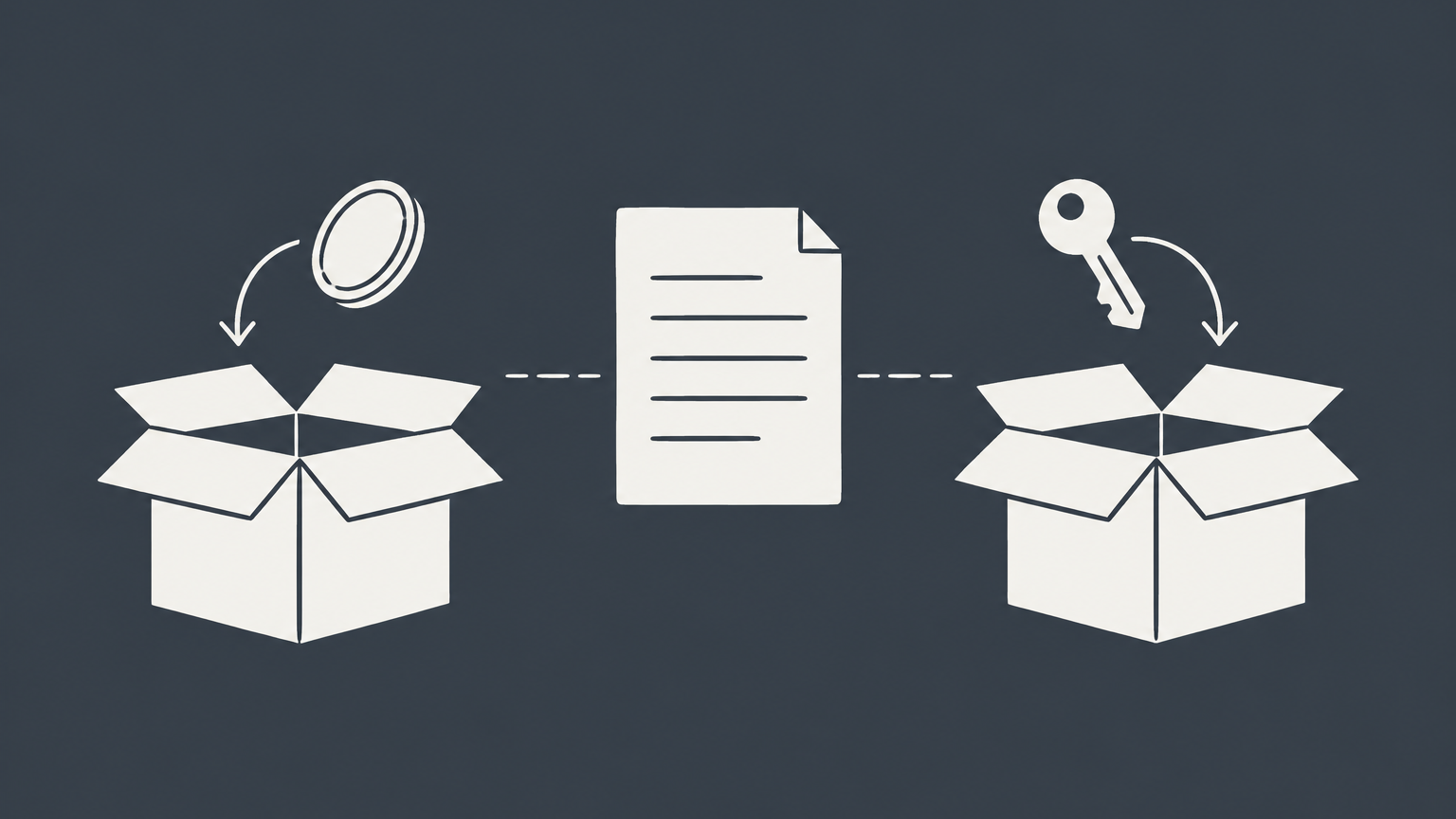 Flat illustration of a contract, coin, and key being returned to their original sides to represent a rescissible contract and mutual restitution.