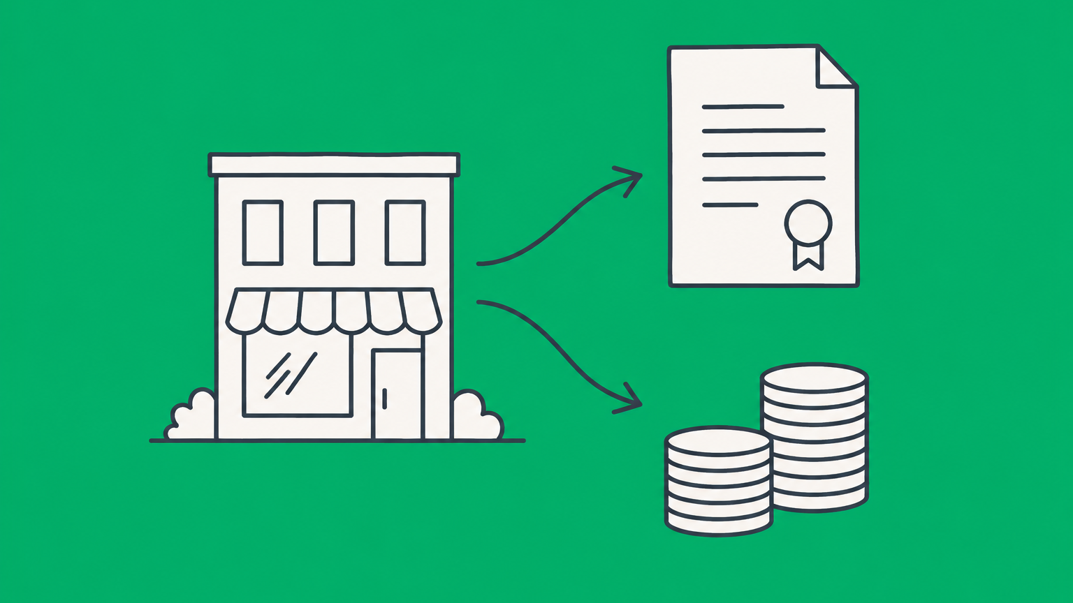 Flat illustration of a commercial building passing through a corporate frame to represent S corp property capital gains and pass-through treatment.