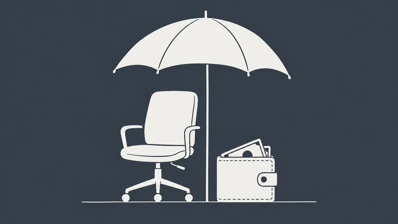 Flat illustration of an office chair under an umbrella beside a wallet and calendar representing FMLA pay and job-protected leave.