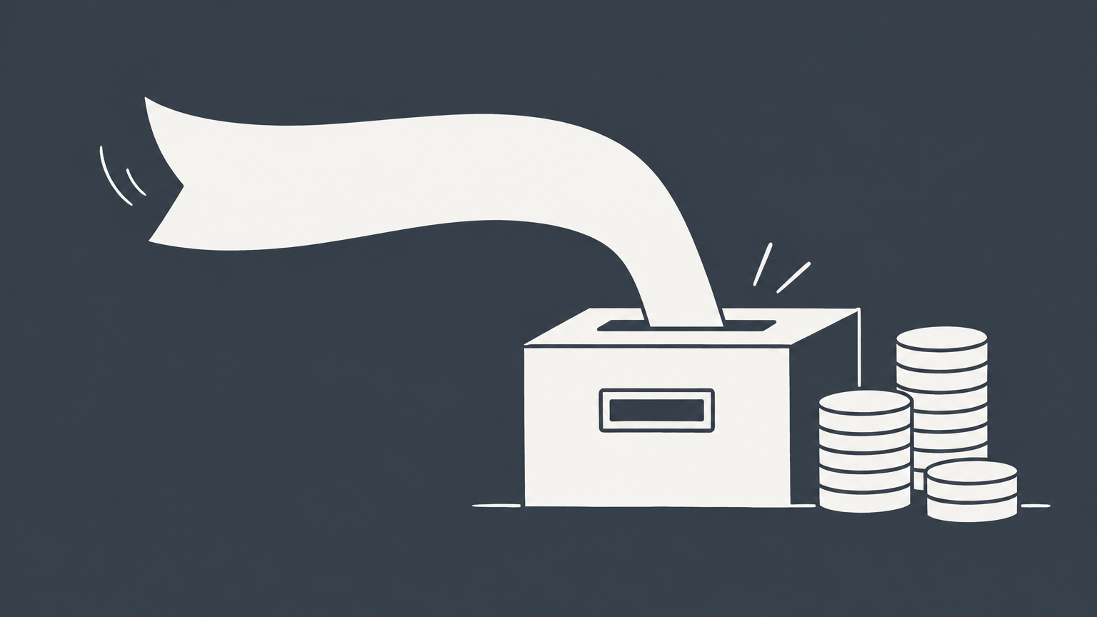 Flat illustration of a speech ribbon, filing slot, category drawers, and coin tokens representing the cost to trademark a phrase.