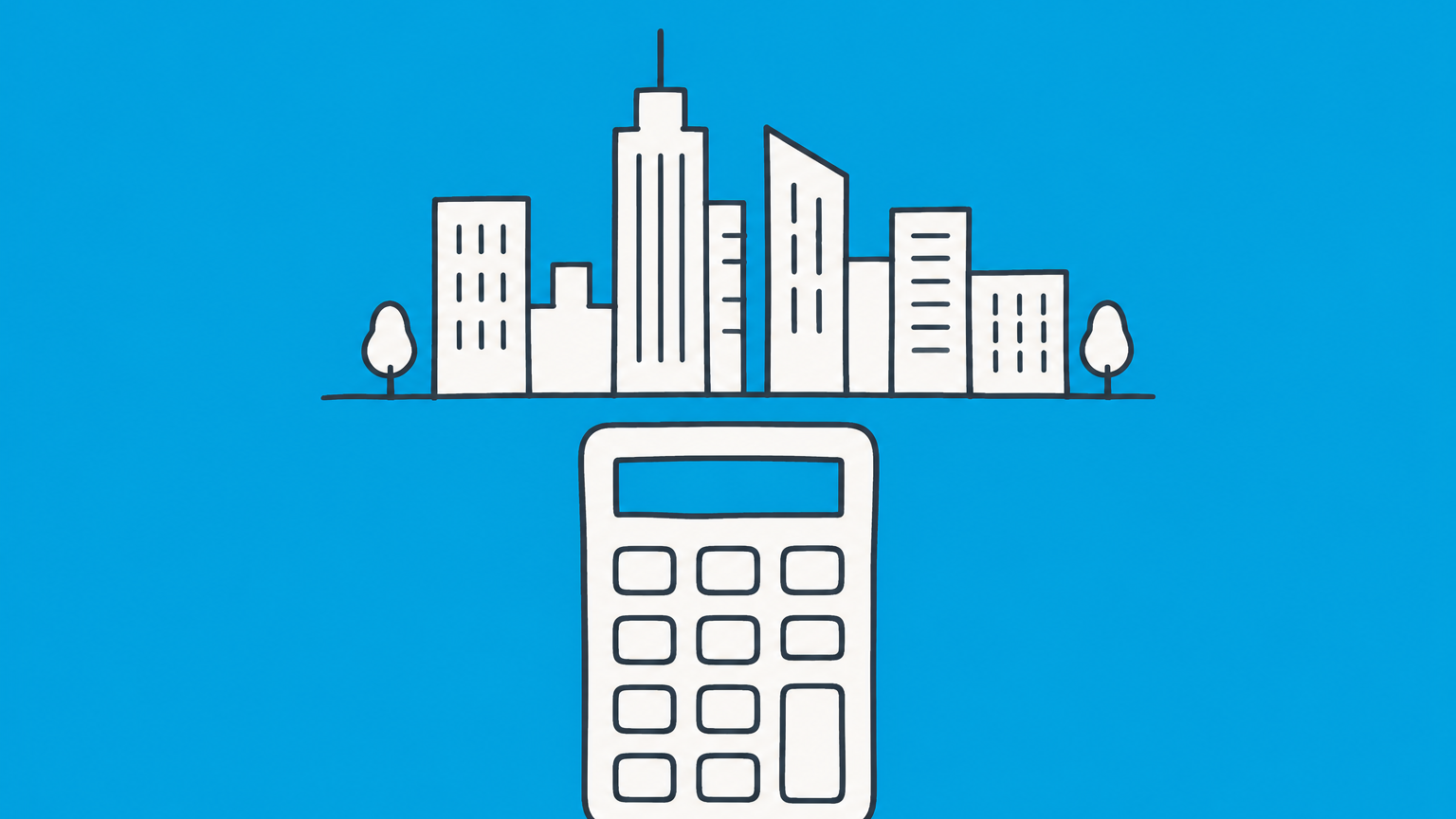 Flat illustration of a calculator beneath a New York City skyline with four paths converging into a folder, representing the NYC corporate tax rate and GCT calculation methods.