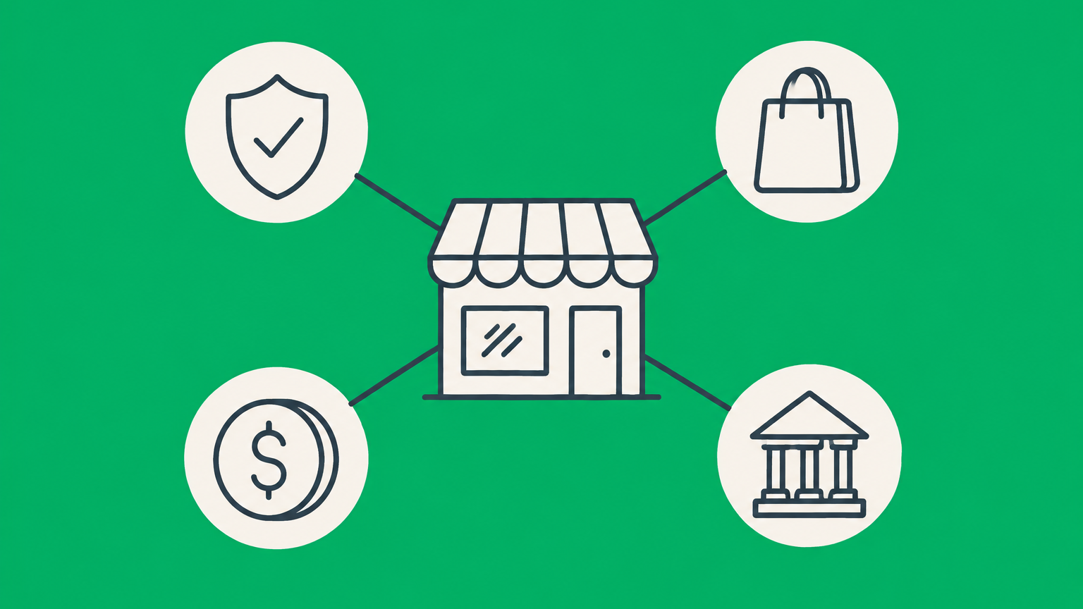 Flat illustration of a storefront connected to business stakeholder symbols representing employees, customers, suppliers, investors, and regulators.