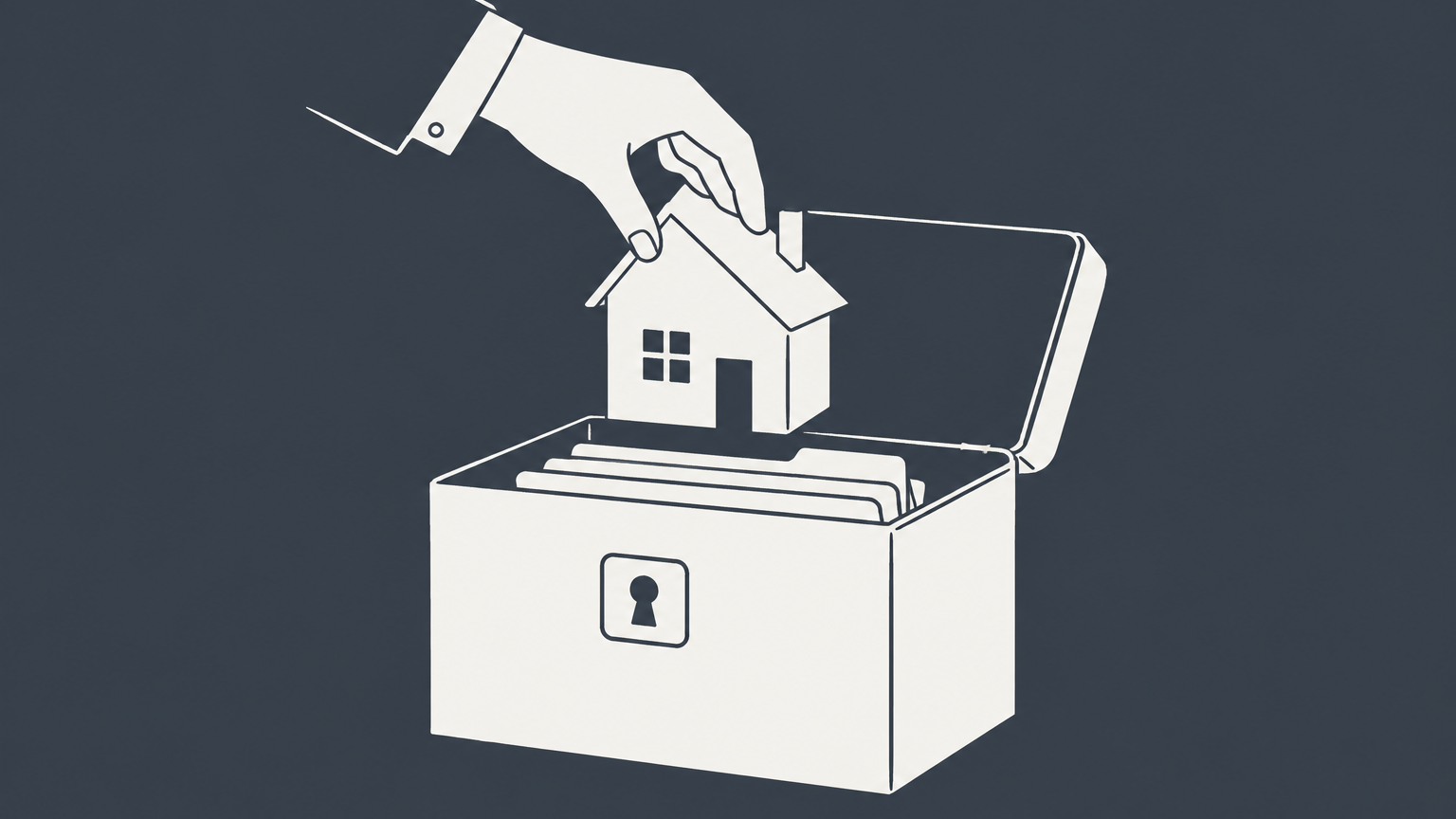 Flat illustration of a house model moving into a lockable document box to represent transferring property to an LLC.